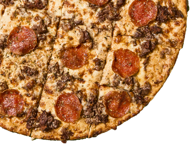 A partial shot of a pizza
